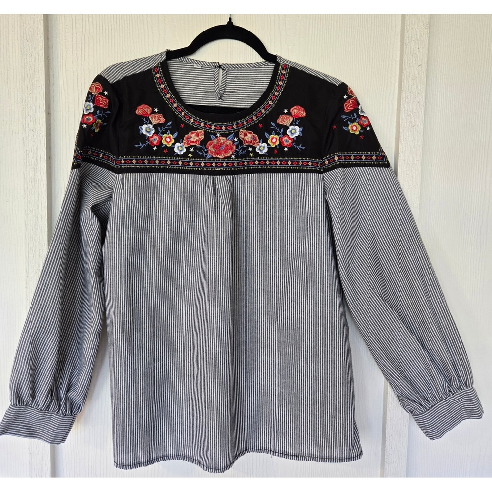 Embroidered Floral Blouse L Boho Hippie Cottagecore Peasant Indie Artsy Romantic